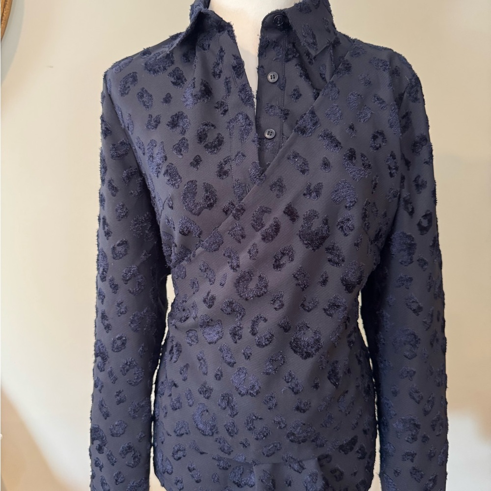 Calvin Luo Navy Textured Leopard Wrap Style Buttondown Top, Size M